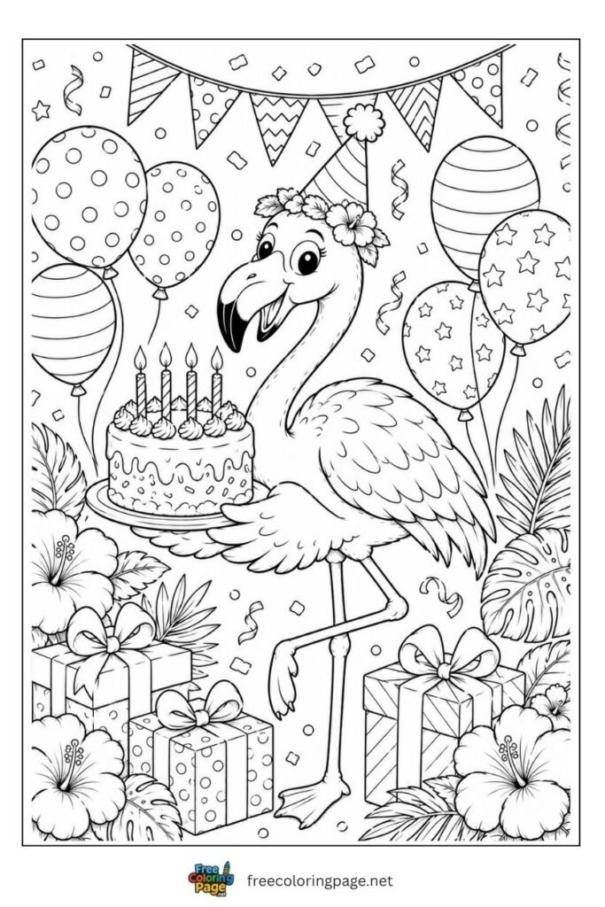 Flamingo with birthday celebration coloring page