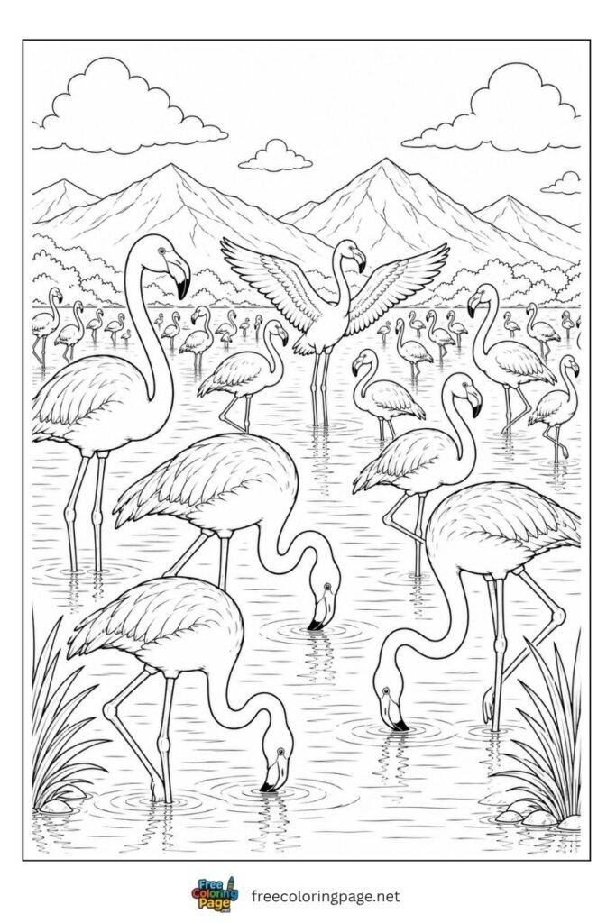 Flamingo colony coloring page