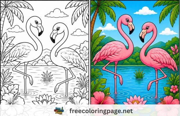 colored vs drawing flamingo coloring pages