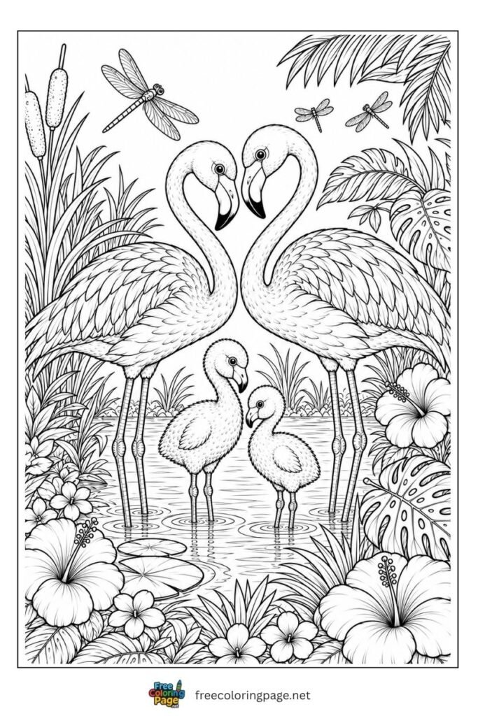 Flamingo family in trpical flowers coloring page