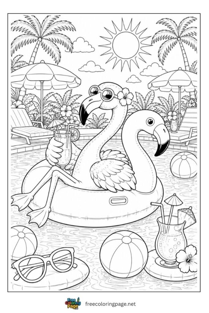 Flamingo enjoying in flamingo floatie coloring page