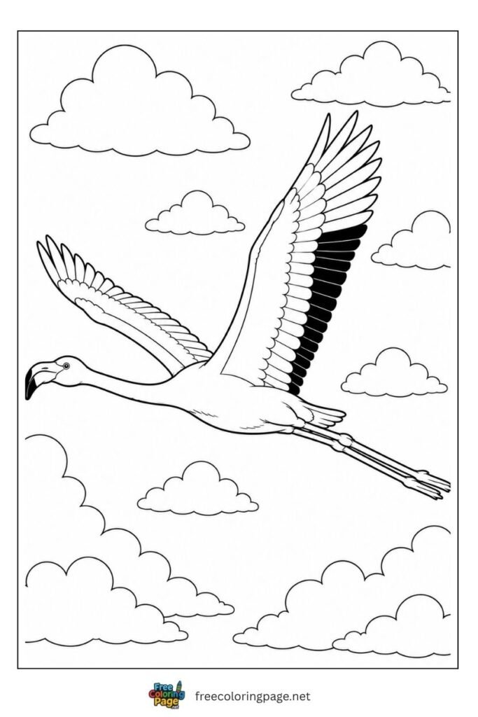Flamingo flying with full wide wings coloring page