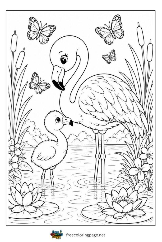 Baby flamingo with adult flamingo in tropic coloring page