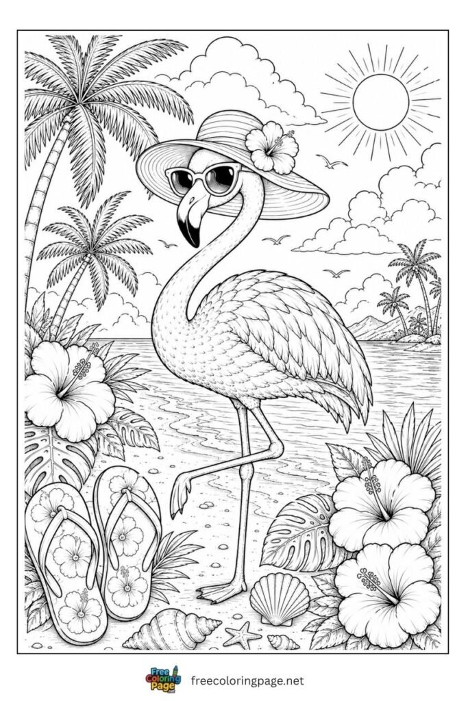 Flamingo realistic picnic coloring page