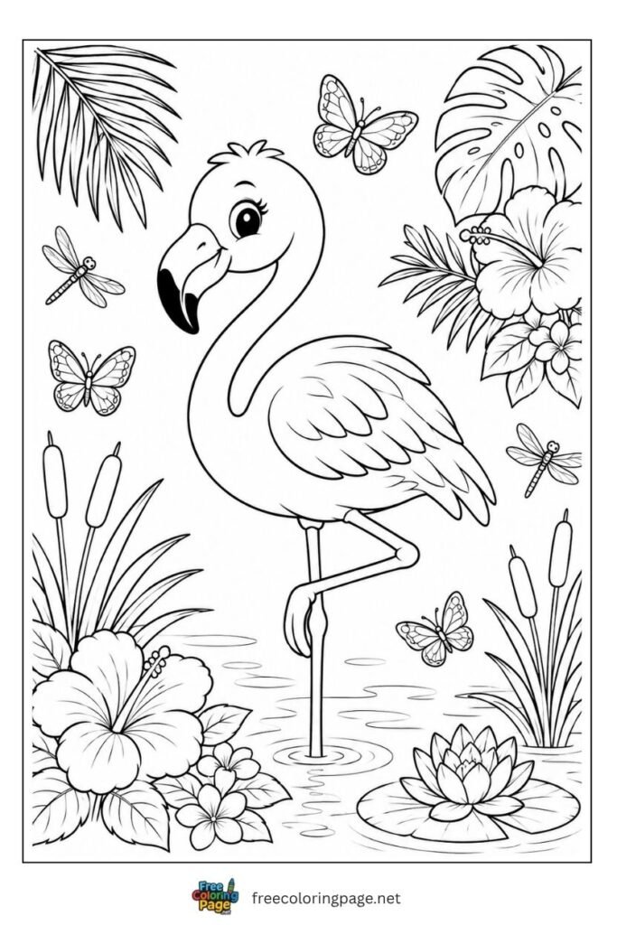 Flamingo with lotus coloring page