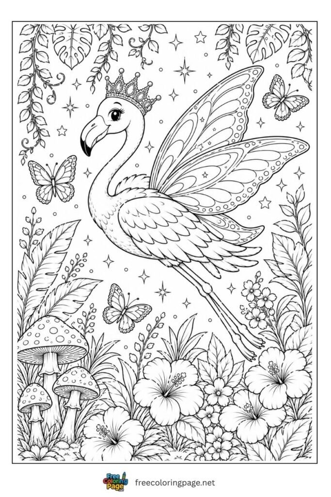 Flamingo elegant queen coloring page