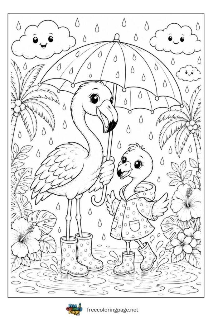Baby flamingo with mother in rain coloring page