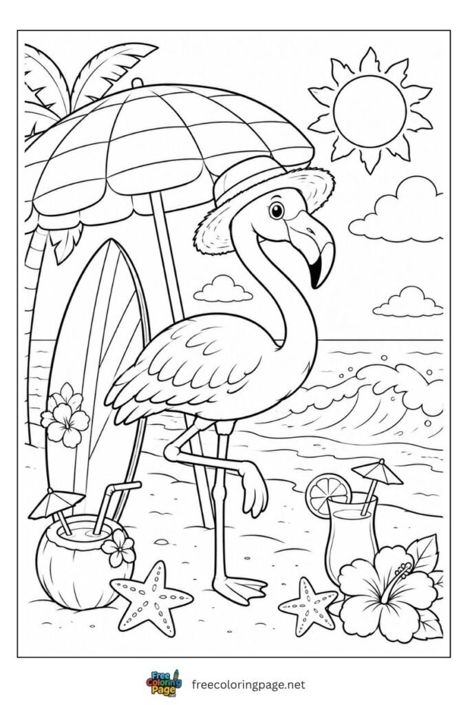 Flamingo wearing summer hat on beach coloring page