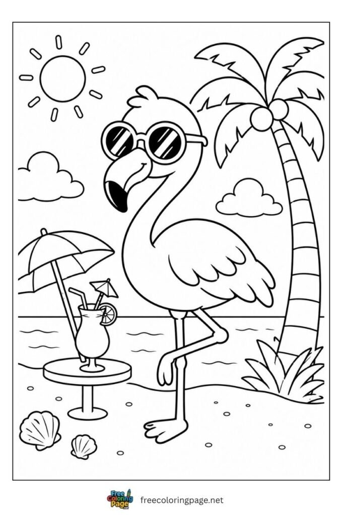 Flamingo wearing summer glasses on beach coloring page