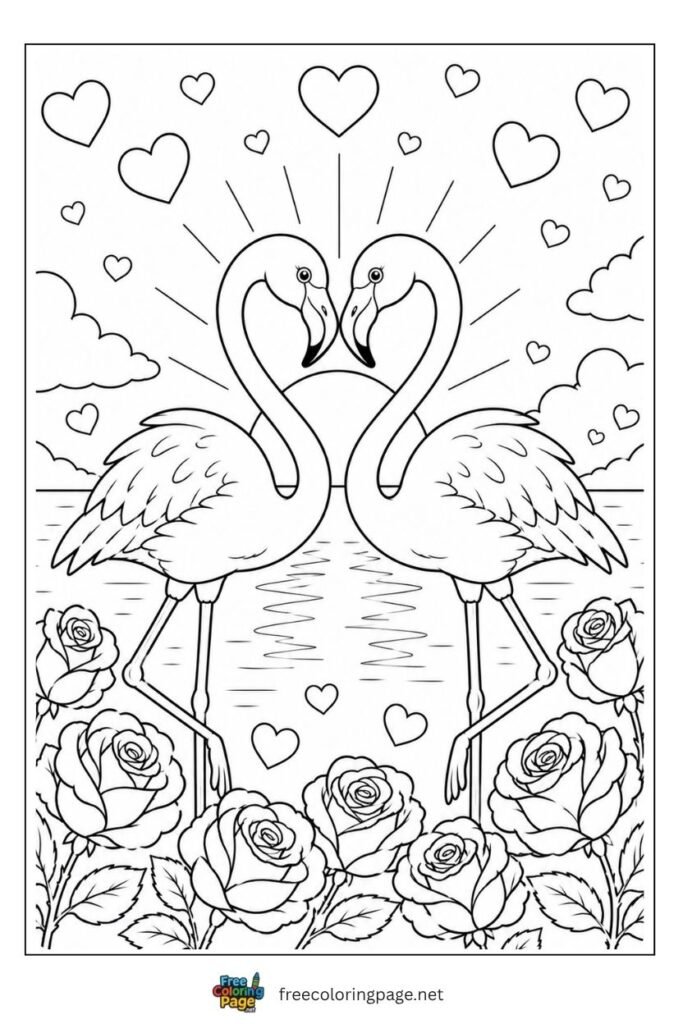 Valentine flamingos coloring page