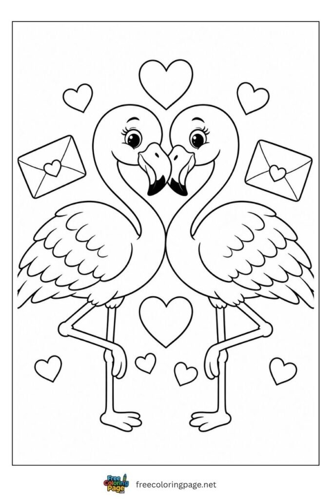 Flamingo valentine day coloring page