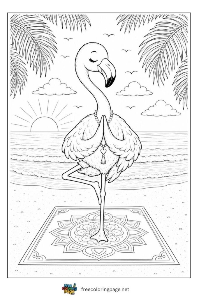 Flamingo doing yoga coloring page