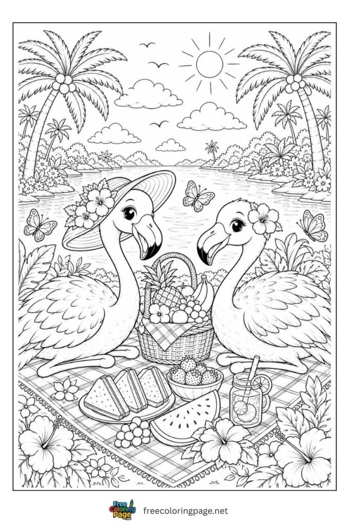 Flamingos tropical picnic coloring page