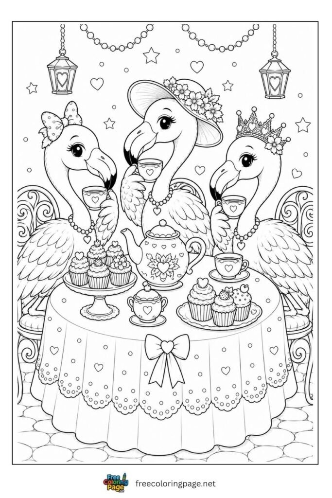 Flamingos tea party coloring page