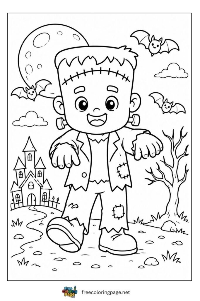 Frankenstein Halloween coloring page with classic monster flat head neck bolts and outstretched arms