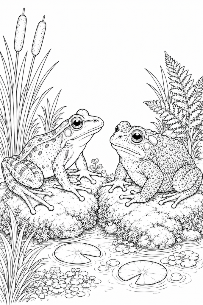 Realistic frog and toad  coloring page