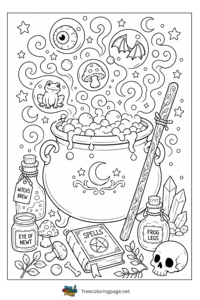 Halloween witch cauldron coloring page bubbling with potion smoke and magical ingredients floating