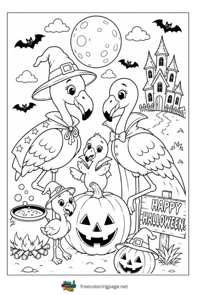 Flamingo halloween coloring page