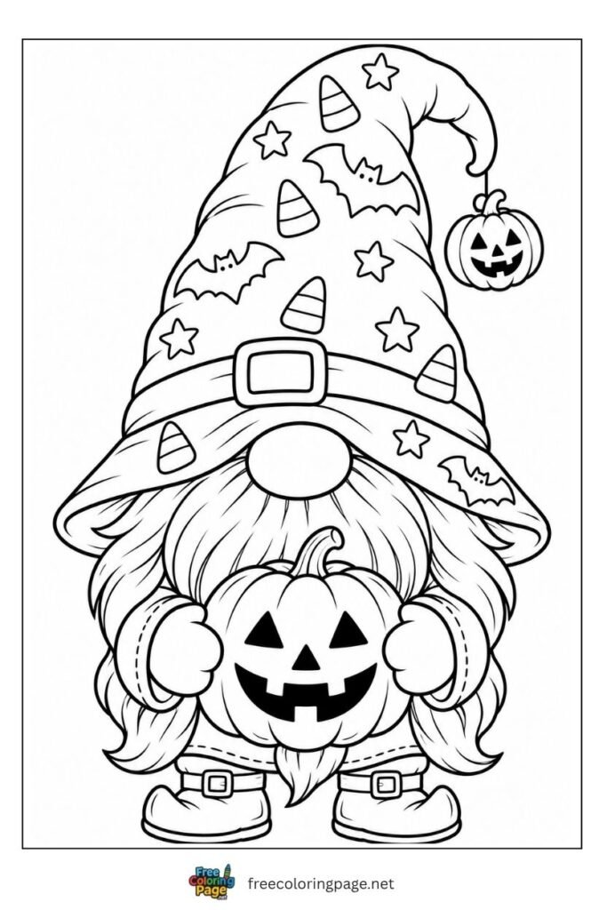 Halloween gnome coloring page with oversized hat holding jack-o-lantern with candy corn bats