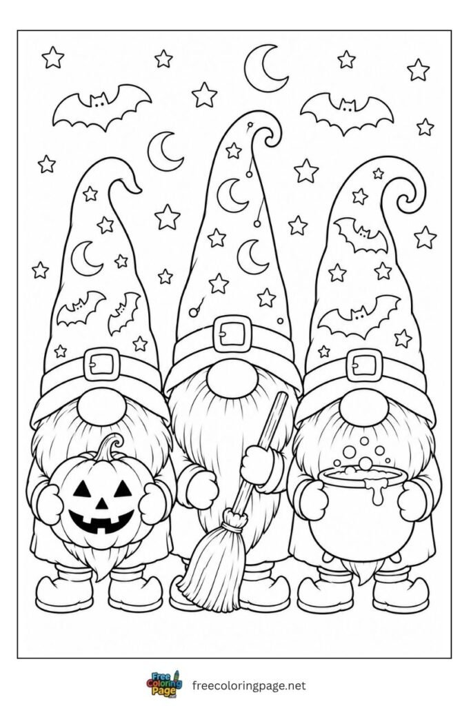 Halloween gnome trio coloring page with three gnomes holding pumpkin broom and cauldron