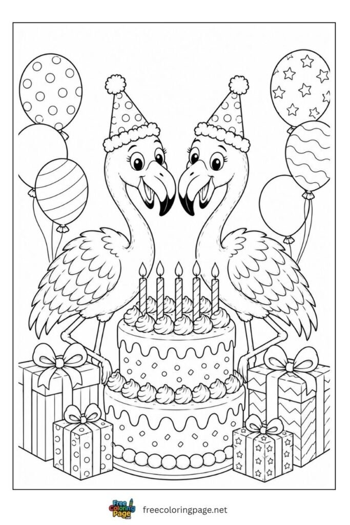 Flamingo happy birthday coloring page