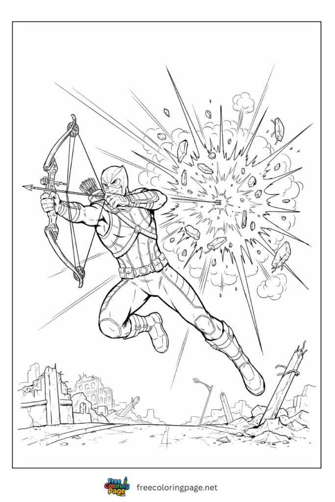 Hawkeye drawn bow coloring page with purple tactical suit arrow nocked and quiver of arrows, free printable