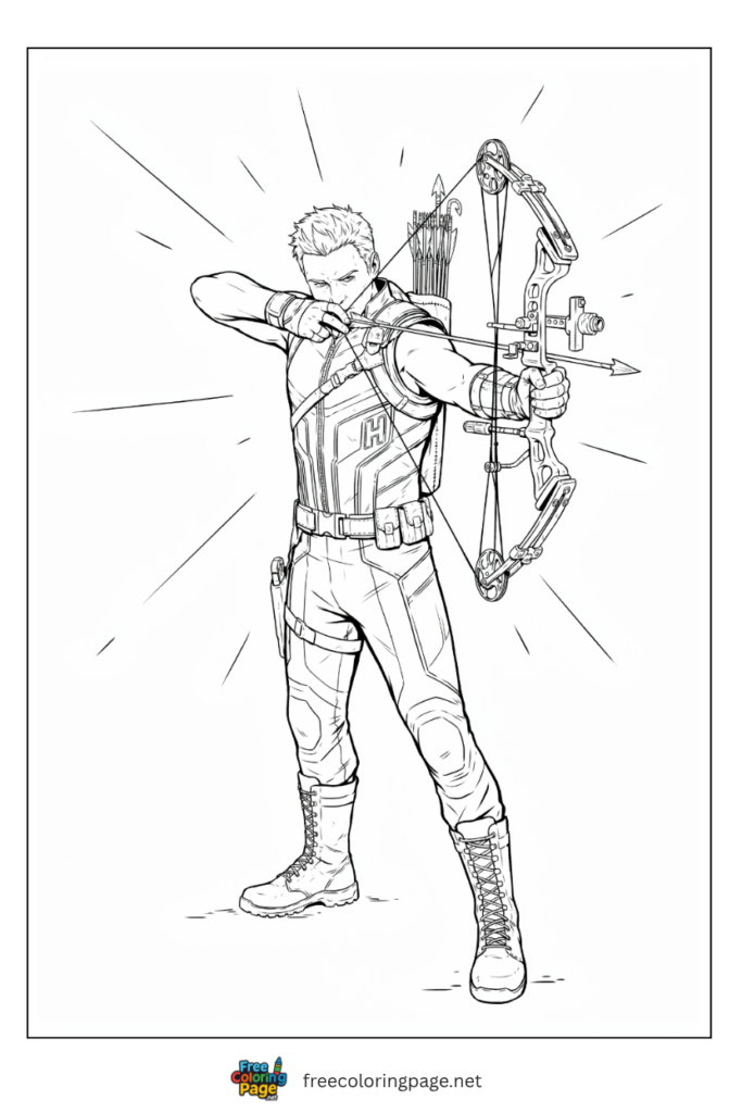 Hawkeye firing explosive trick arrow coloring page diving sideways from explosion with compound bow, 