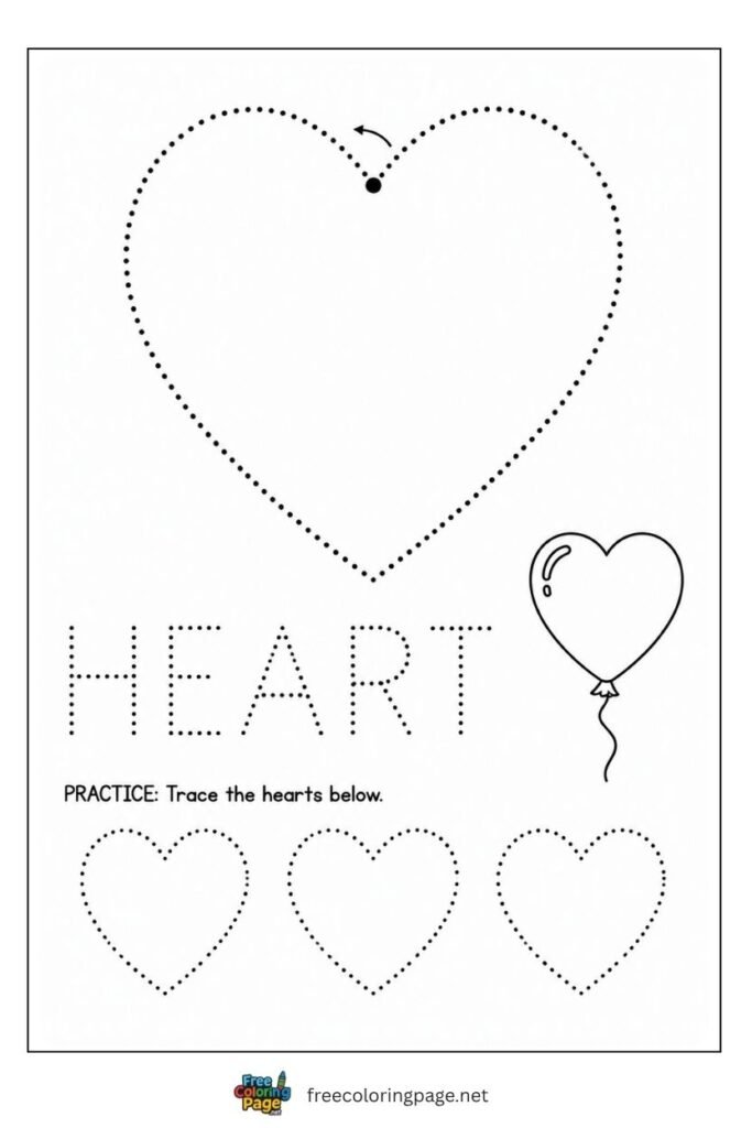Heart tracing worksheet with continuous dotted outline path and balloon illustration, free printable