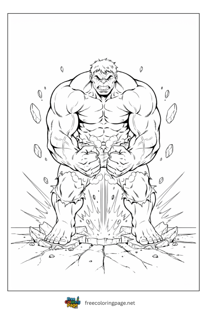 Hulk double fist smash coloring page with ground cracking shockwave and rubble flying, free printable