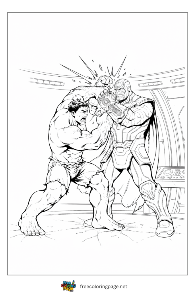 Hulk vs Thanos bare knuckle fist fight coloring page with Thanos blocking and countering with gauntlet punch, 