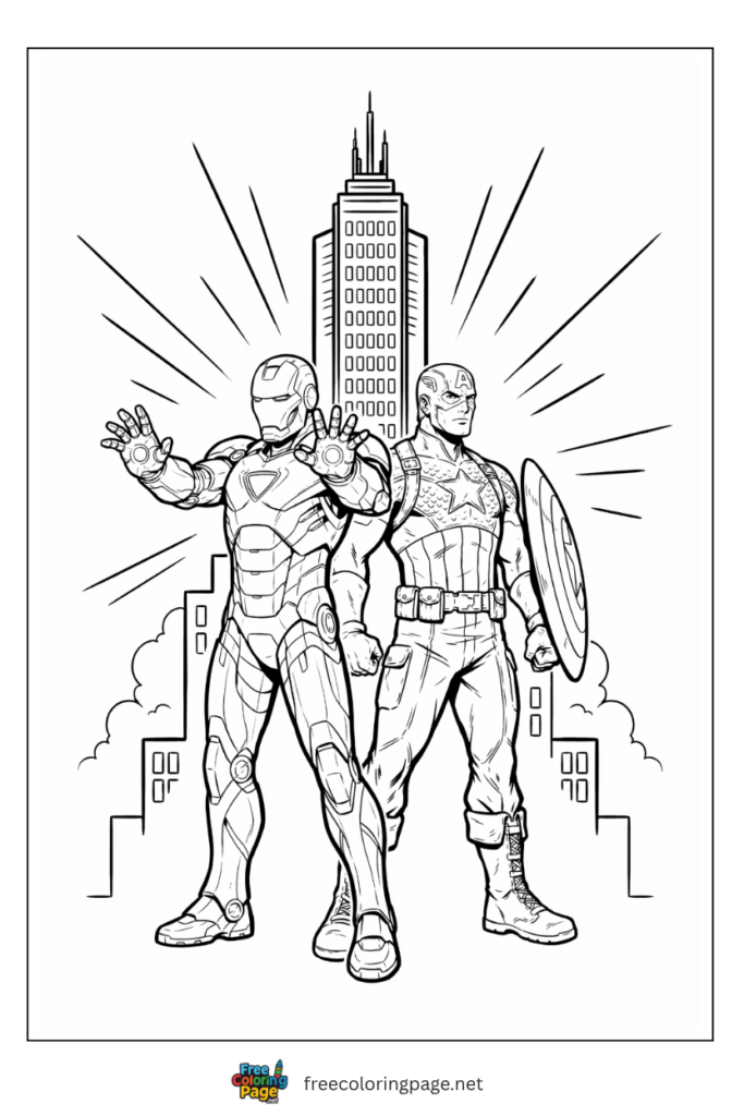 Iron Man and Captain America back to back coloring page with repulsors and shield in Avengers Tower setting, free printable