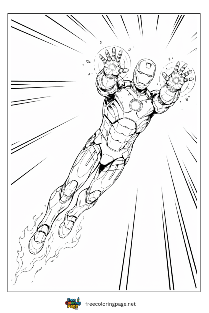 Iron Man flying coloring page with repulsor blasts firing and detailed armor paneling, free printable