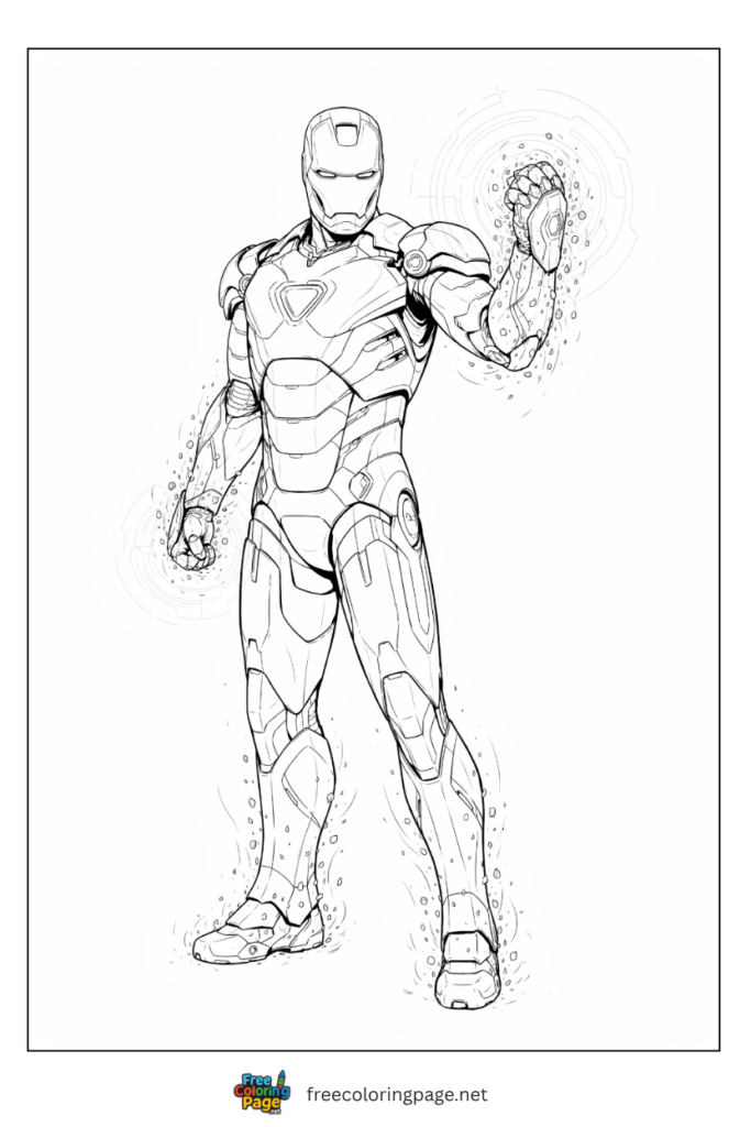 Iron Man Mark 85 nano armor coloring page with nano particles assembling and clean sleek profile, 