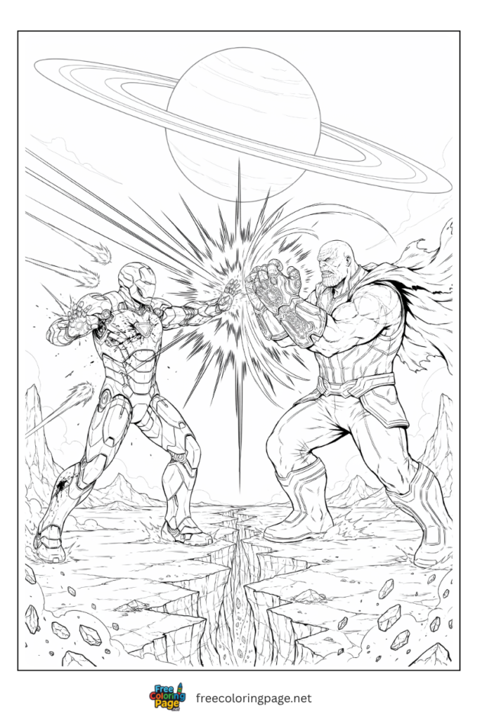 Iron Man vs Thanos coloring page with every weapon firing and Thanos redirecting beams with gauntlet on Titan, 