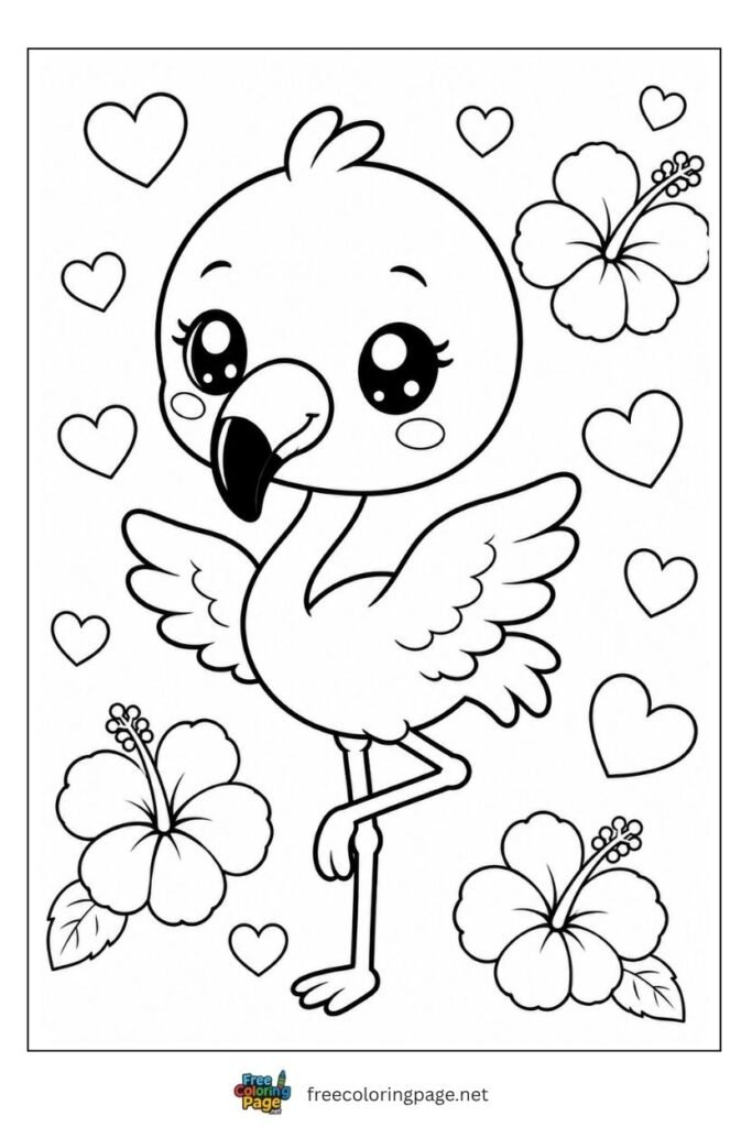 Cute kawaii flamingo coloring page