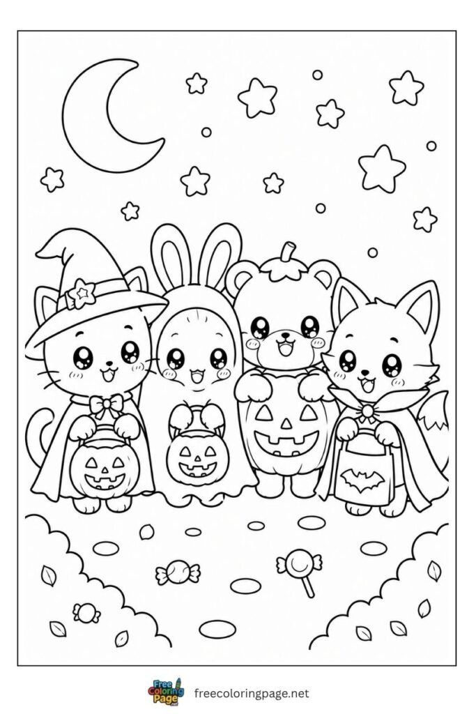 Kawaii Halloween animals trick or treating coloring page with cat bunny bear and fox in costumes