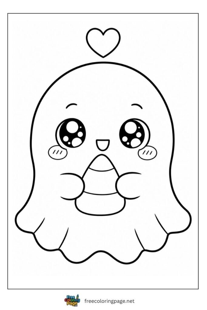 Kawaii Halloween ghost coloring page holding candy corn with innocent eyes and blushing cheeks