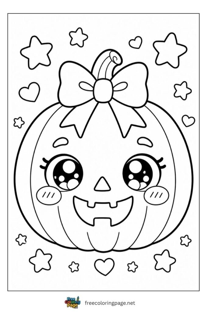 Kawaii Halloween pumpkin coloring page with sparkling eyes rosy cheeks and bow