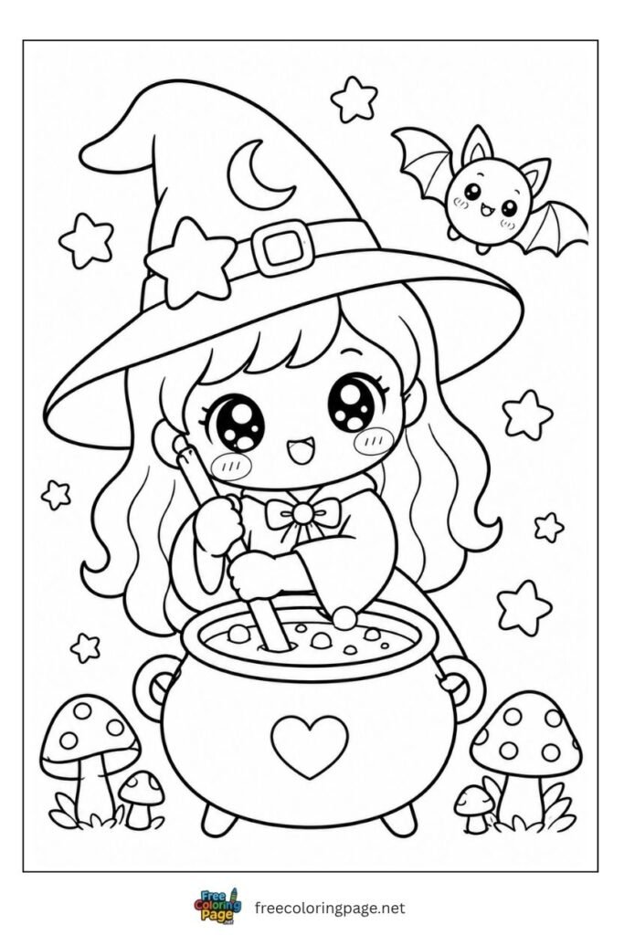 Kawaii Halloween witch coloring page stirring cauldron with big hat and sparkling eyes