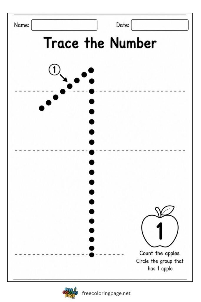Extra large number 1 tracing worksheet with enormous thick dotted stroke path for toddlers, free printable