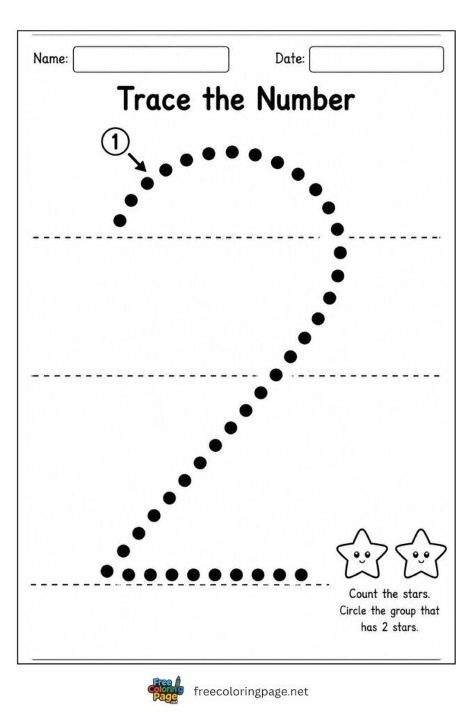 Extra large number 2 tracing worksheet with enormous thick dotted stroke path for toddlers, free printable