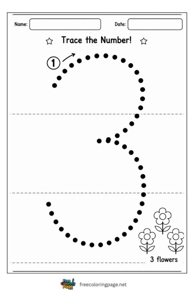 Extra large number 3 tracing worksheet with enormous thick dotted stroke path for toddlers, free printable