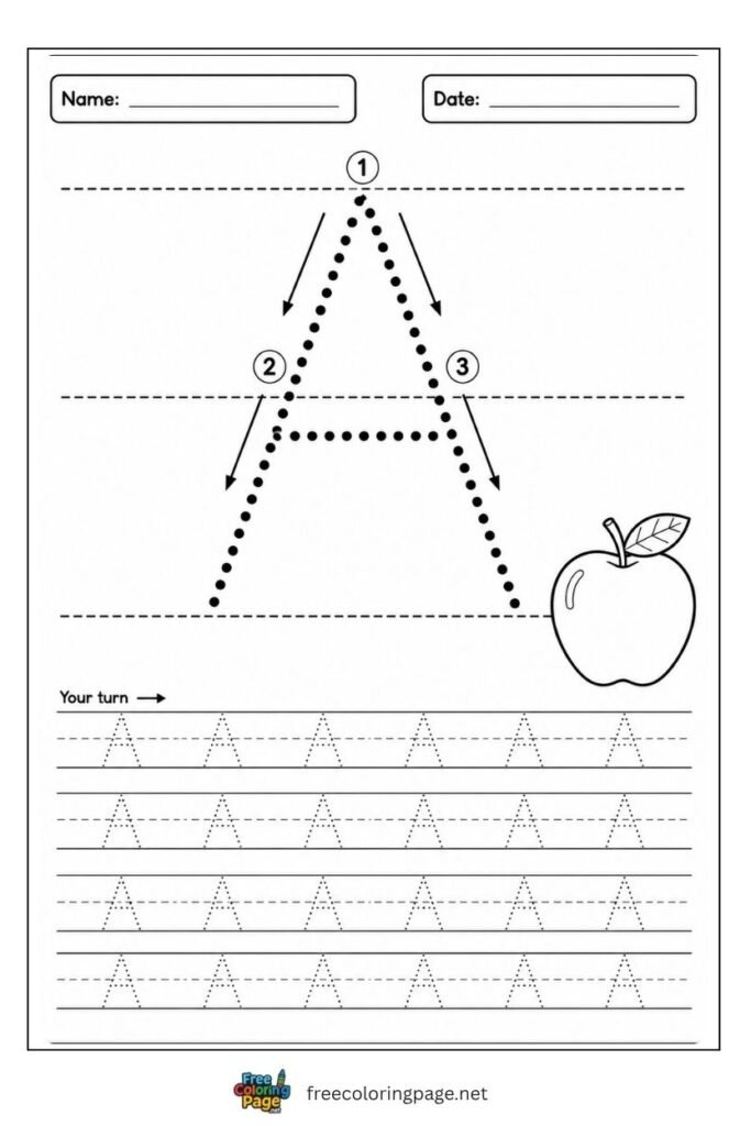 Letter A uppercase tracing worksheet with dotted outline and Apple illustration, free printable for preschool and kindergartenLetter A uppercase tracing worksheet with dotted outline and Apple illustration, free printable for preschool and kindergarten