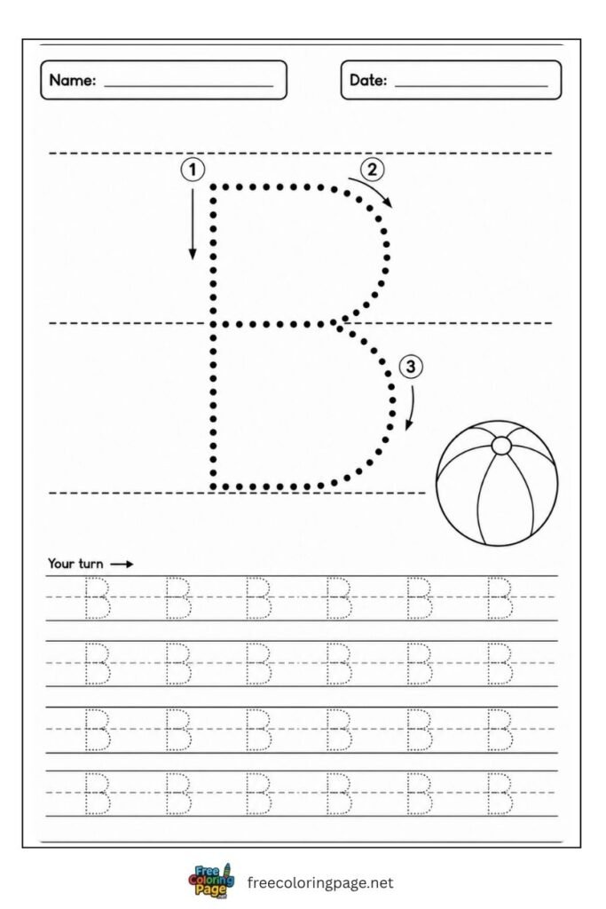 Letter B uppercase tracing worksheet with dotted outline and Bear illustration, free printable for preschool and kindergarten