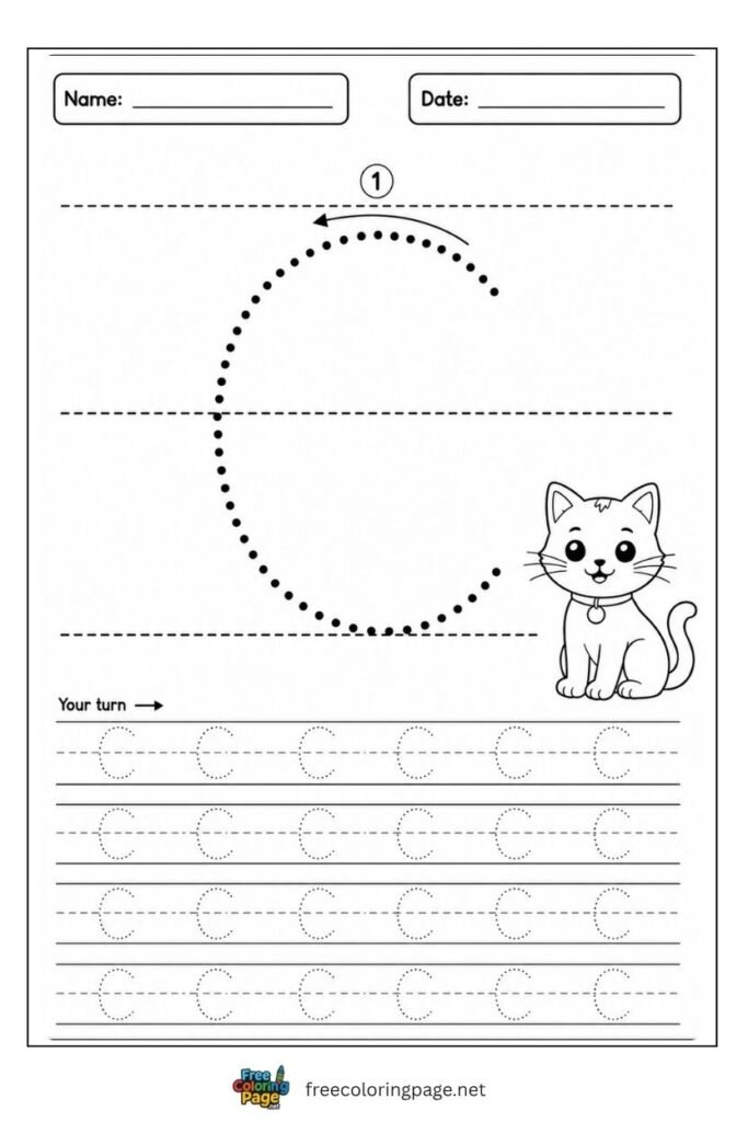 Letter C uppercase tracing worksheet with dotted outline and Cat illustration, free printable for preschool and kindergarten