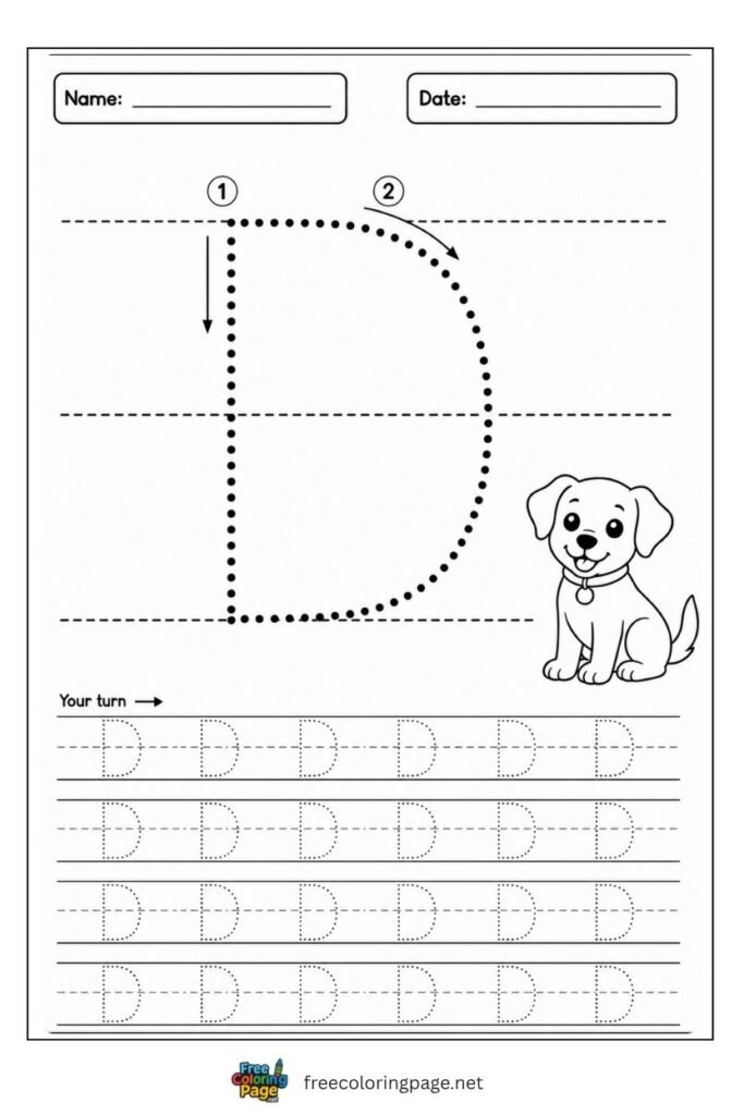 Letter D uppercase tracing worksheet with dotted outline and Dog illustration, free printable for preschool and kindergarten