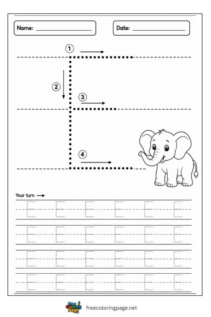 Letter E uppercase tracing worksheet with dotted outline and Elephant illustration, free printable for preschool and kindergarten