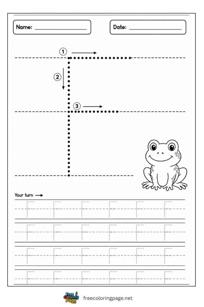 Letter F uppercase tracing worksheet with dotted outline and Fish illustration, free printable for preschool and kindergarten