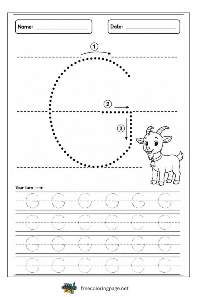 Letter G uppercase tracing worksheet with dotted outline and Giraffe illustration, free printable for preschool and kindergarten