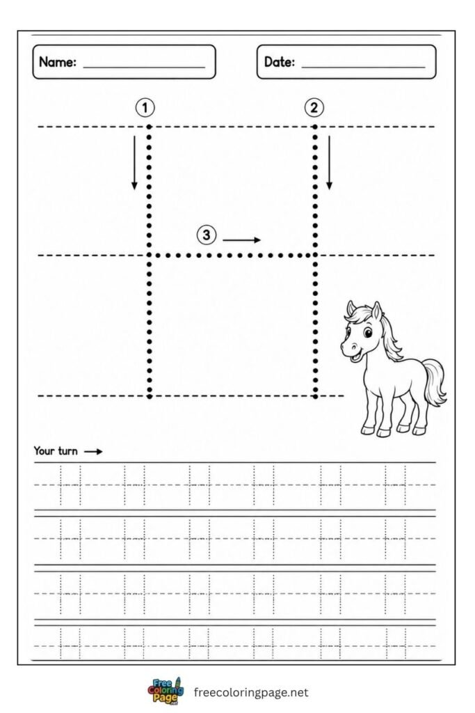 Letter H uppercase tracing worksheet with dotted outline and Hat illustration, free printable for preschool and kindergarten